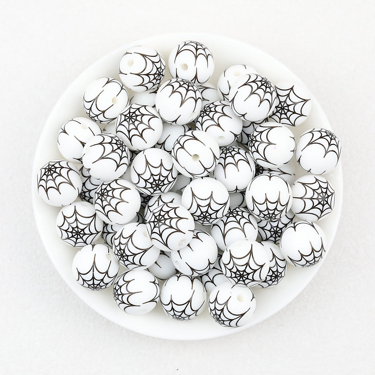 15mm Halloween Spider Web Printed Silicone Beads White Black 50pcs - Large Web