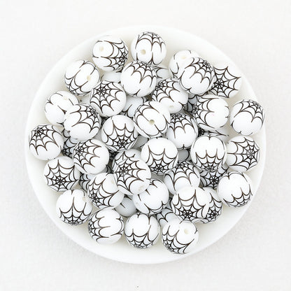 15mm Halloween Spider Web Printed Silicone Beads White Black 50pcs - Large Web