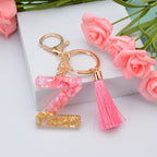 Resin Floral Pink Tassel Monogram Keychain Alphabet Letter A 26