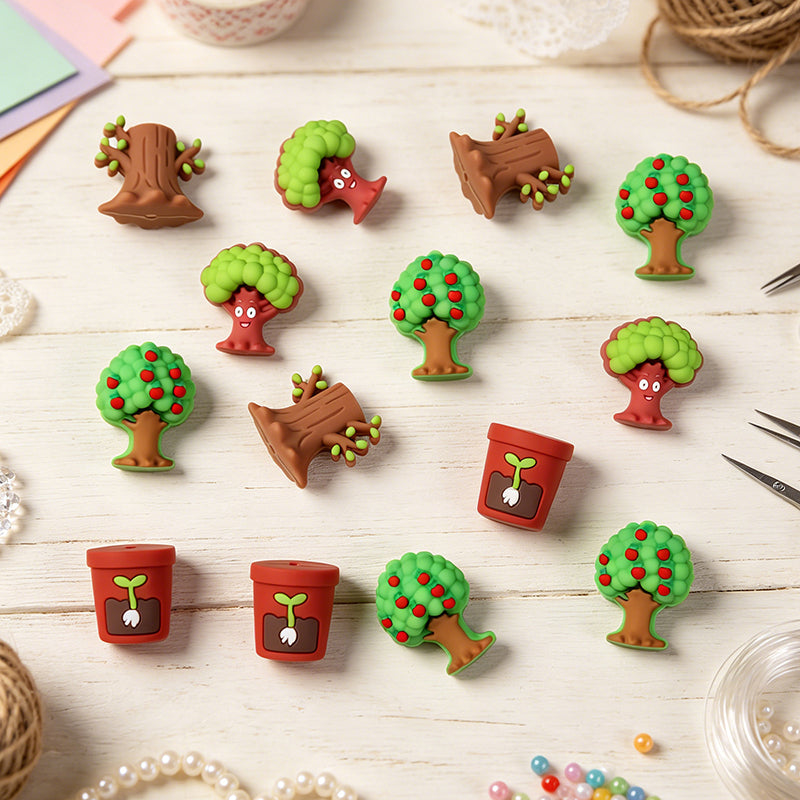 Silicone 3D Green Tree and Potted Plant Focal Beads 20pcs 5
