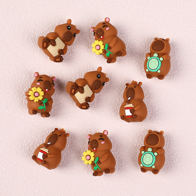 Silicone 3D Focal Beads Capybara Holding Books Flowers Turtles 20pcs 3