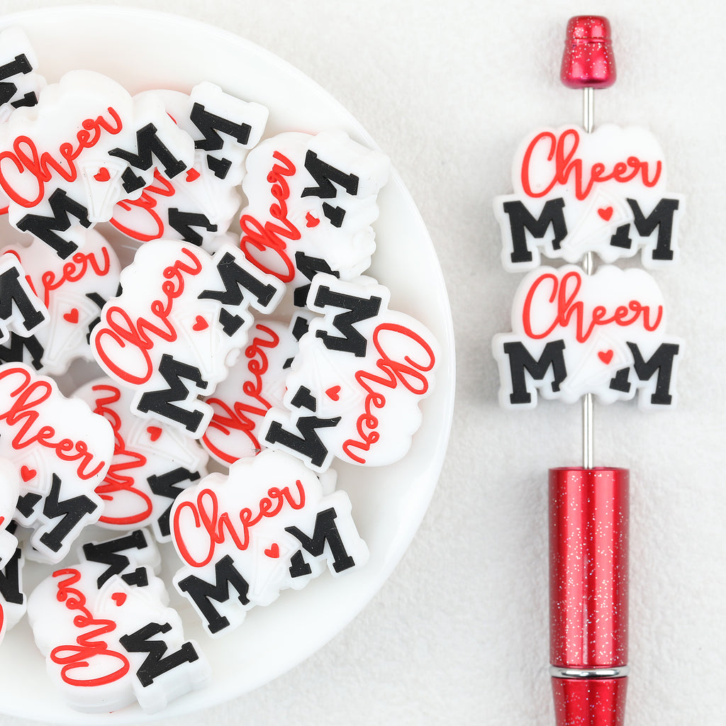 Heart Mom Flat Silicone Focal Beads Wholesale, White Red Script Design