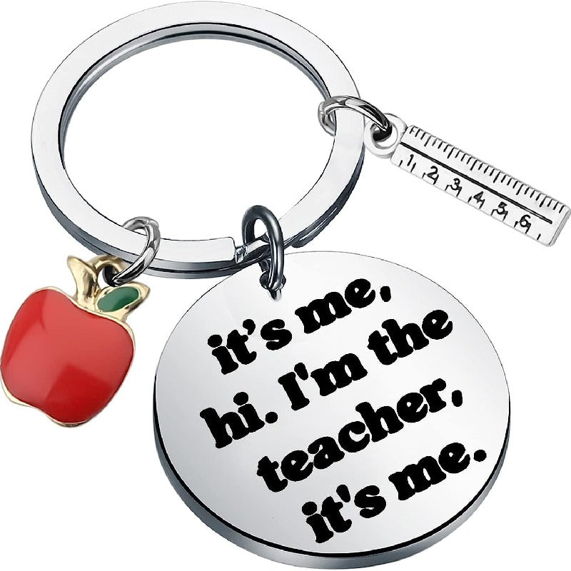 Creative Stainless Steel Teacher Keychain with Red Enamel Apple and Ruler Charm