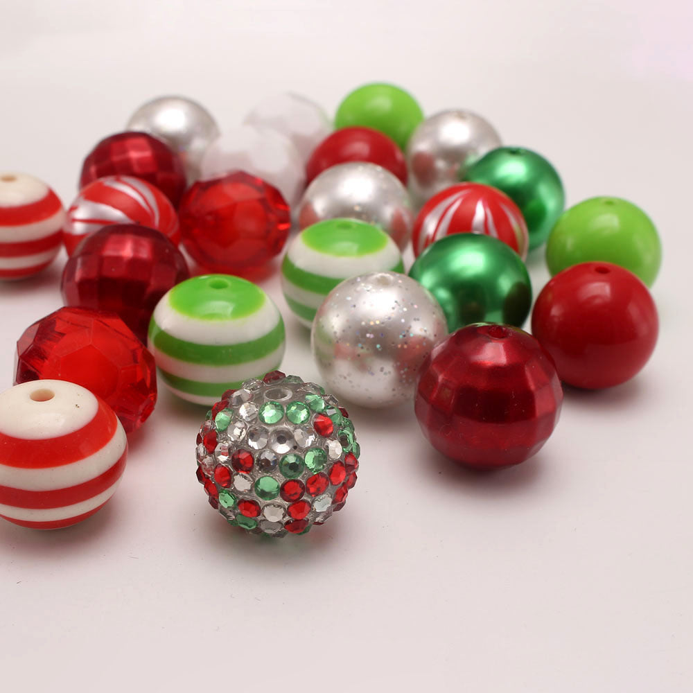 Bubblegum Beads 20mm Red Green Silver Glitter Rhinestone Chunky Mix 50pcs
