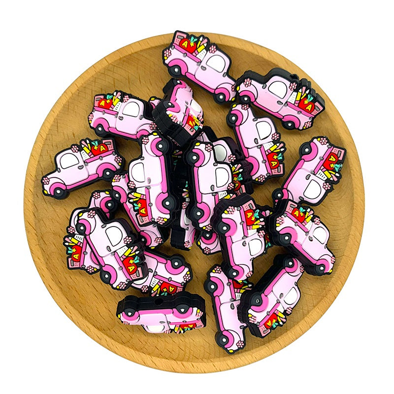 Silicone Focal Beads Teaching Car Pink Vintage Truck Floral Accents 20pcs 2
