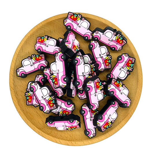 Silicone Focal Beads Teaching Car Pink Vintage Truck Floral Accents 20pcs 2