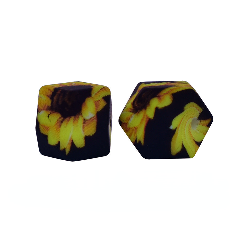14mm Hexagon Silicone Beads Printed Camouflage Leopard Design 50pcs