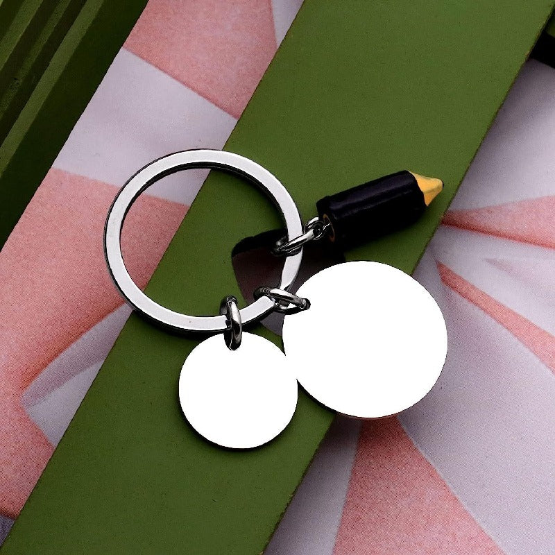 Stainless Steel Teacher Keychain Engraved Disc Pencil Cap Charm 3
