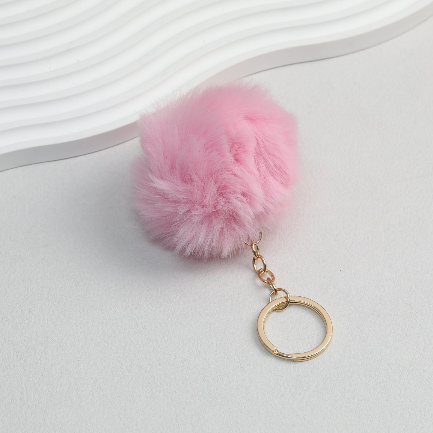 Pom Pom Keychain Plush Violet Faux Fur Ball Gold Ring 8cm