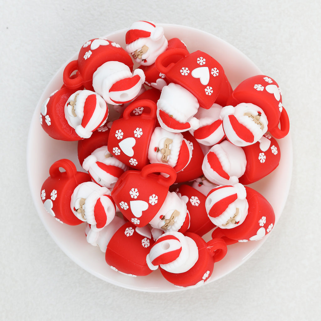 3D Santa Cup Silicone Focal Beads Wholesale, Red Christmas Head Design