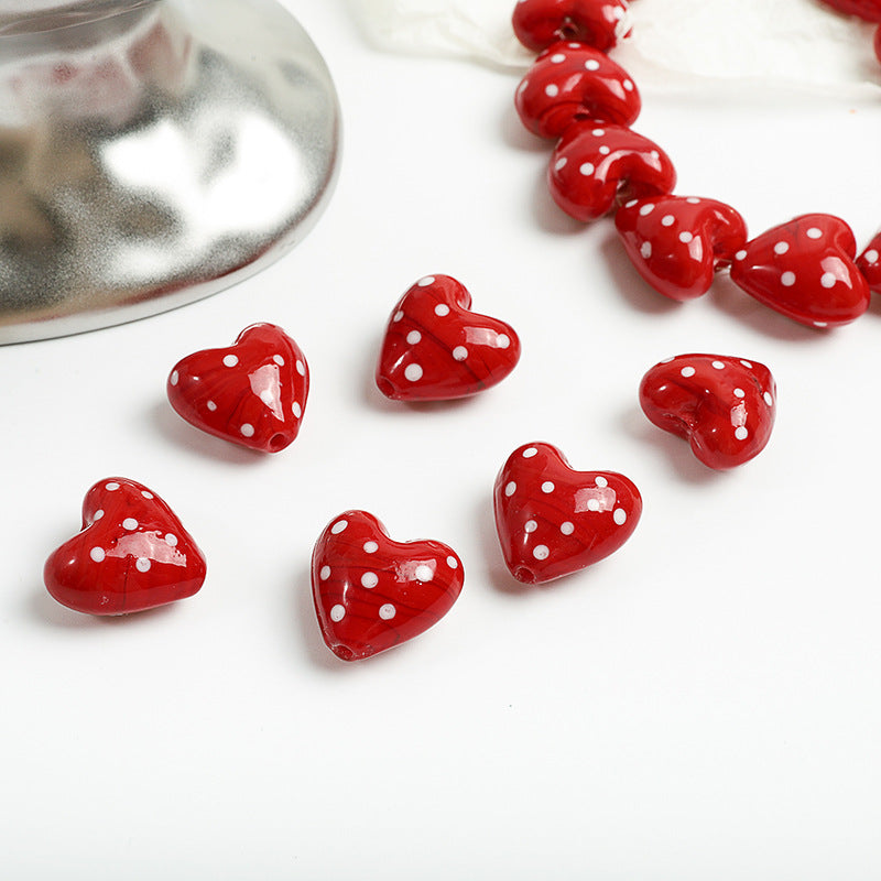 Red Heart Polka Dot Glass Beads 20mm 10pcs 4