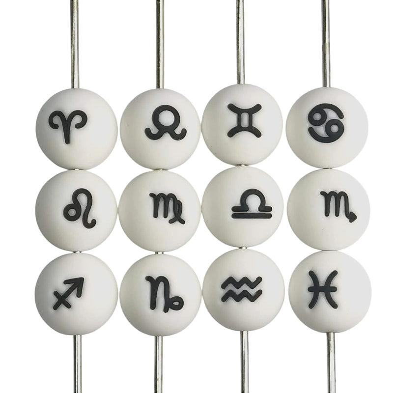 15mm Silicone Beads Zodiac Signs Astrology Theme Printed Design 50pcs