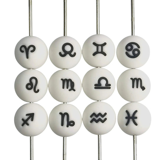15mm Silicone Beads Zodiac Signs Astrology Theme Printed Design 50pcs