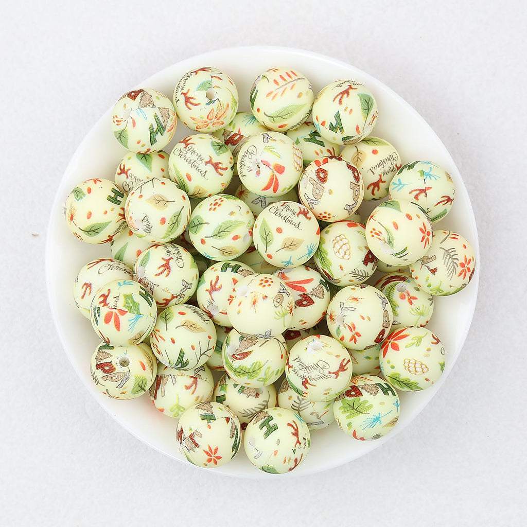 Christmas Theme 15mm Printed Silicone Round Beads 50pcs - Christmas Leaves