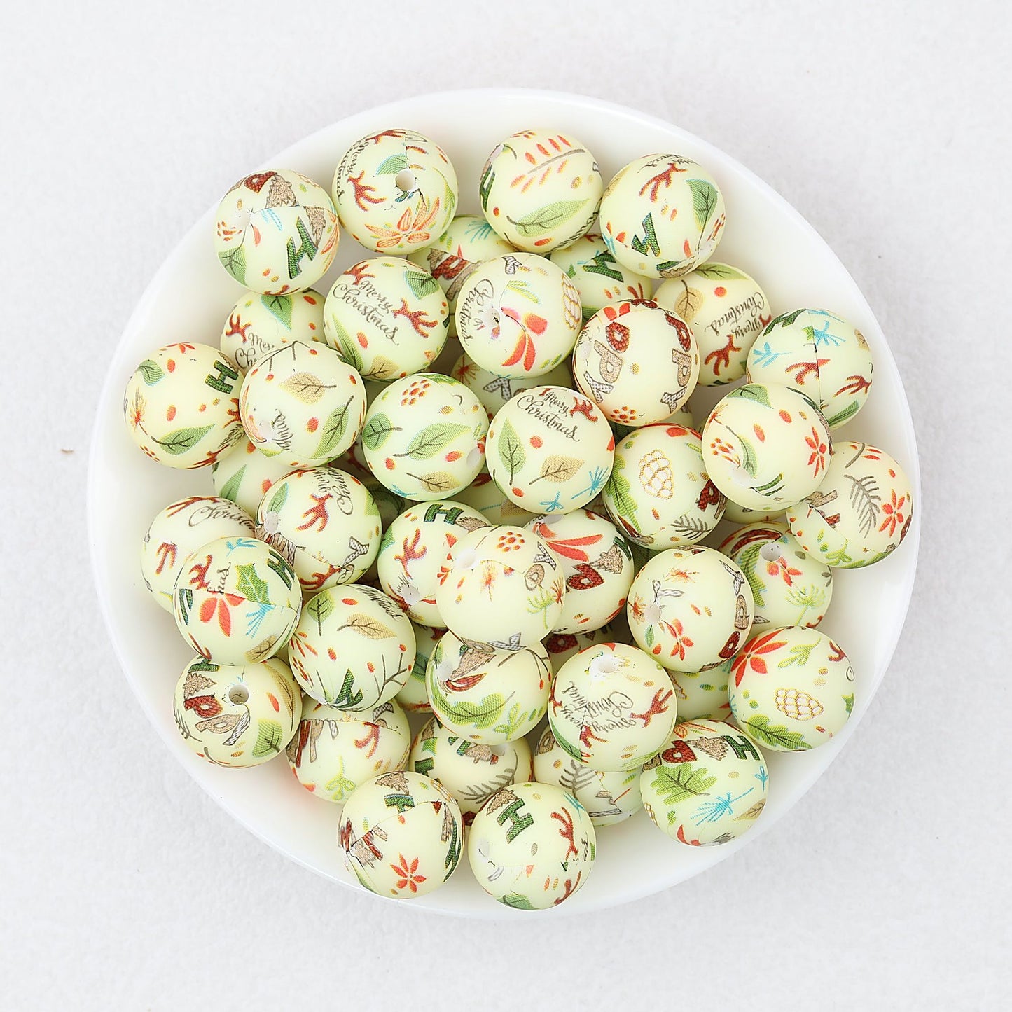 Christmas Theme 15mm Printed Silicone Round Beads 50pcs - Christmas Leaves