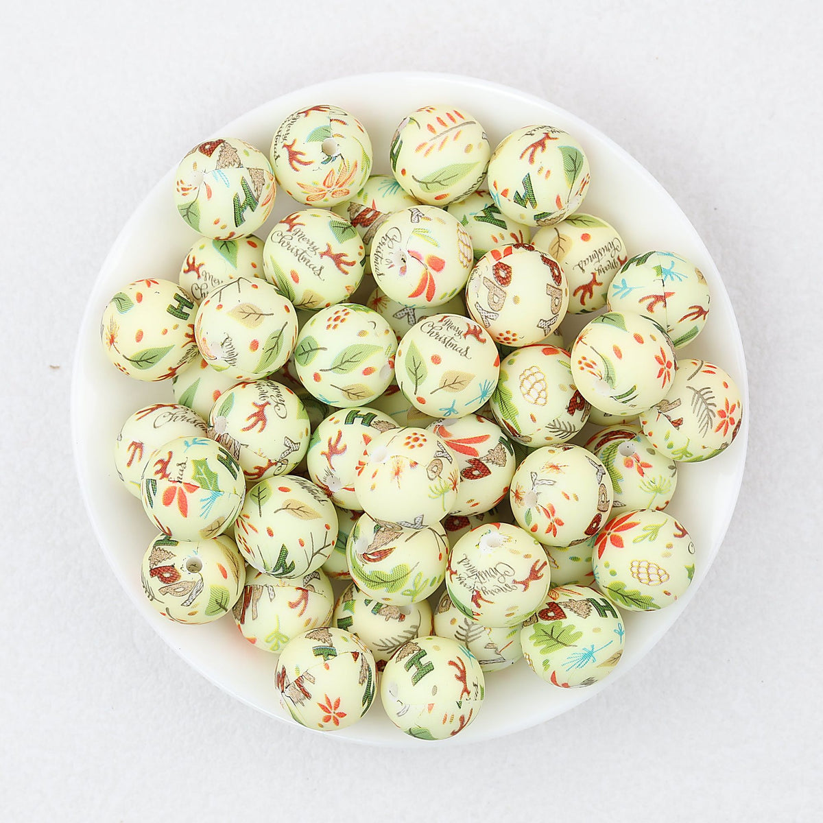 Christmas Theme 15mm Printed Silicone Round Beads 50pcs - Christmas Leaves