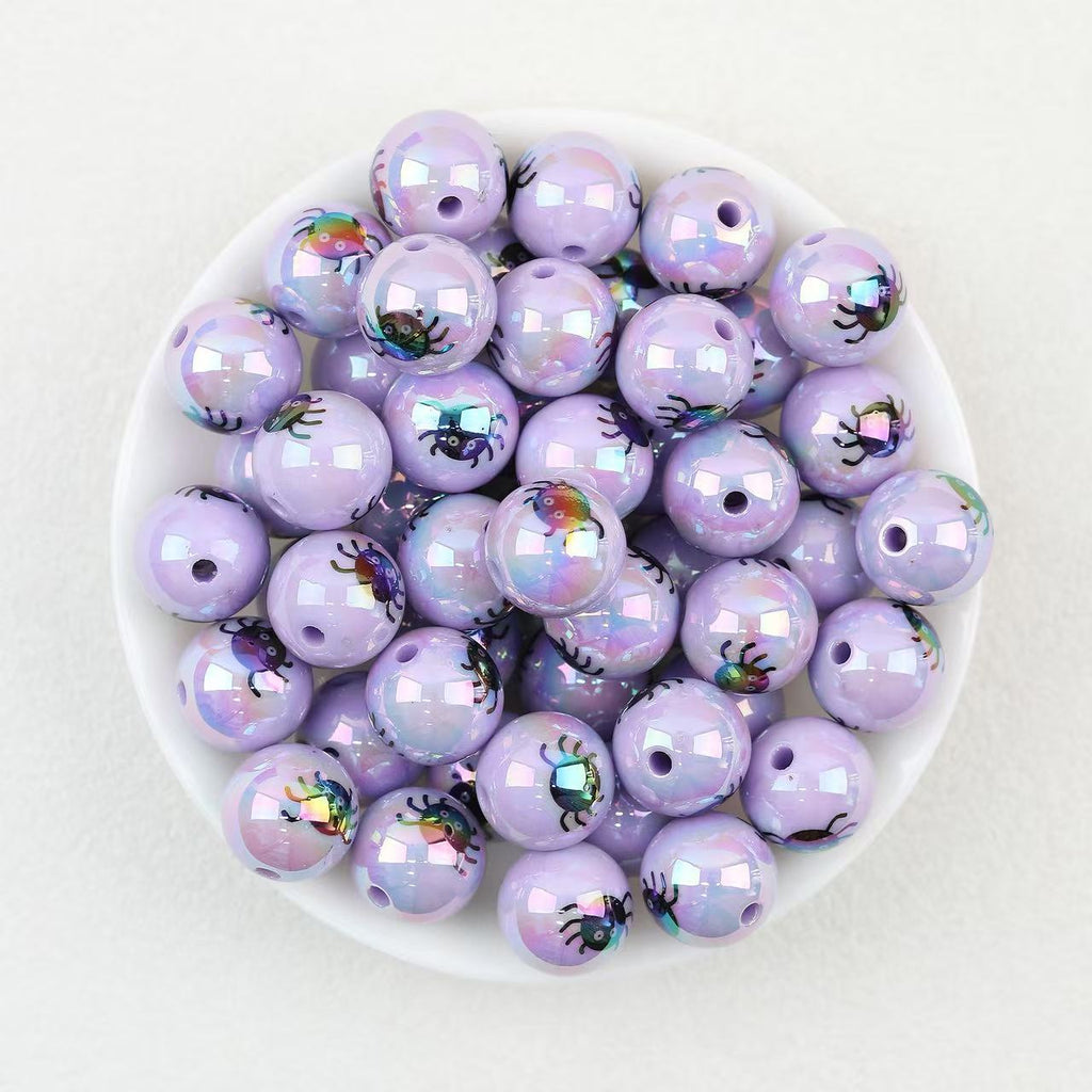 Iridescent Spider Acrylic Beads Wholesale, Purple Halloween Round Design, 16mm