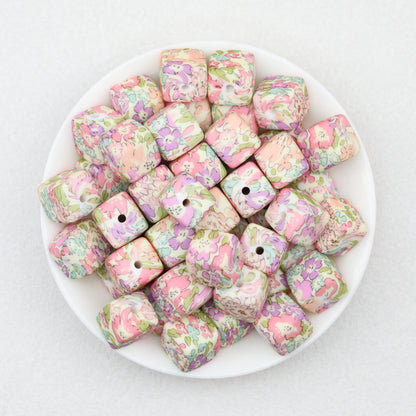 Floral Pattern 13.5mm Square Silicone Beads Printed Design 50pcs 8
