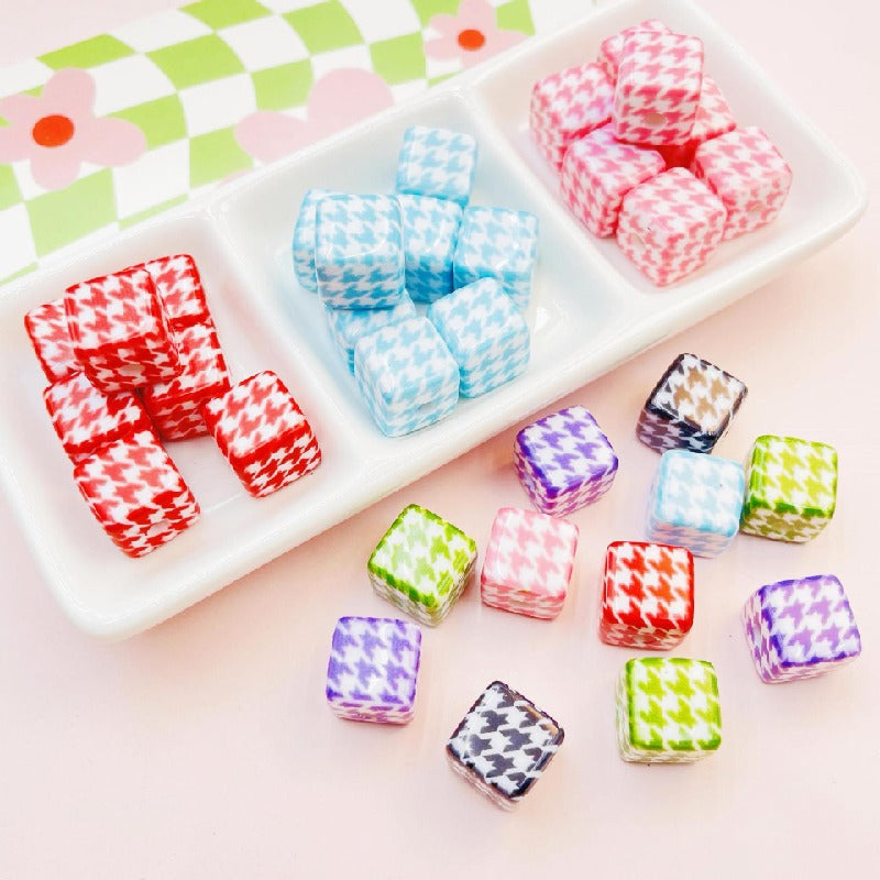 Houndstooth Square Acrylic Beads 16mm Colorful Pattern 10pcs