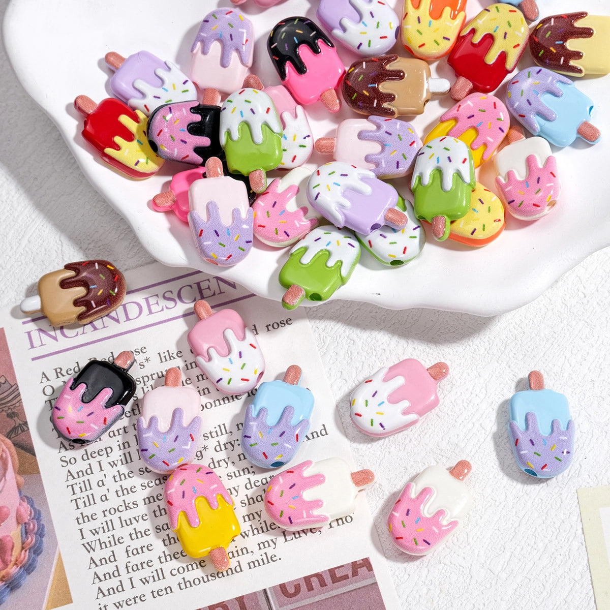 Painted Popsicle Acrylic Beads 20mm Colorful Drip Design 50pcs