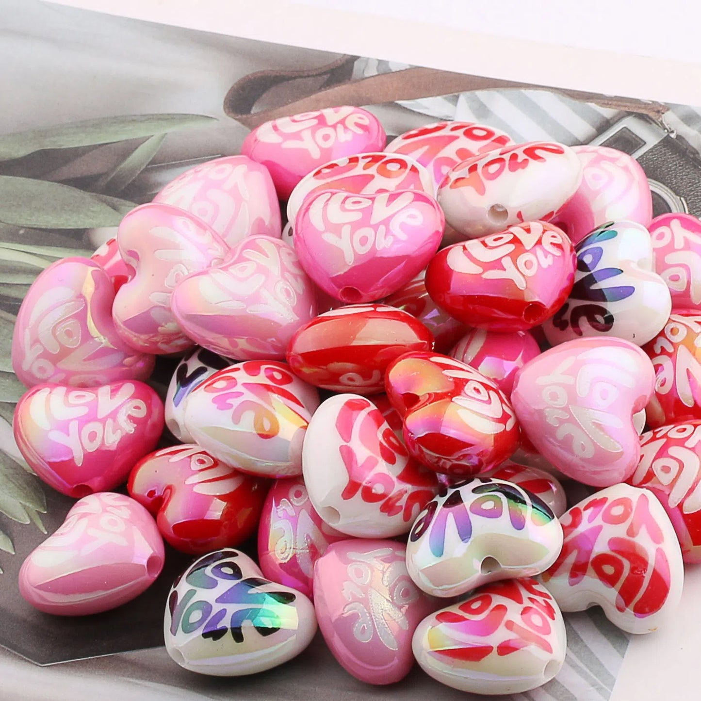 Plating Round Heart Acrylic Beads 16mm 20mm UV Valentine Print 20pcs 3