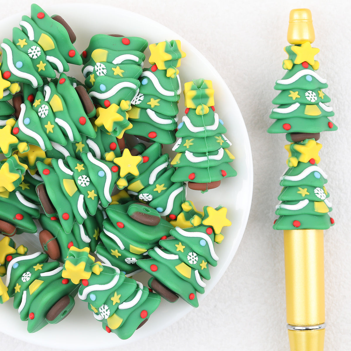 3D Christmas Tree Silicone Focal Beads Wholesale, Five-Point Star Topper Snowflake Details Red Dot Accents