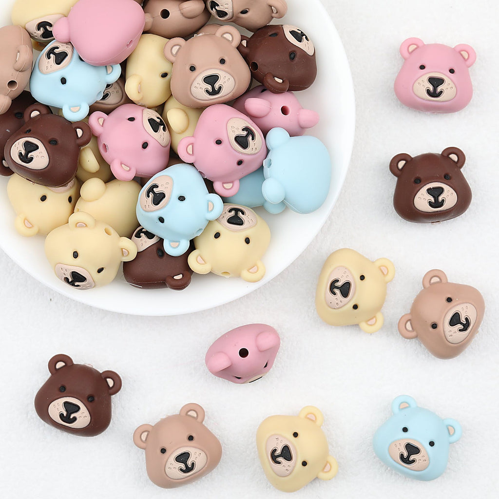 Colorful 3D Bear Head Silicone Focal Beads Cute Animal Design 20pcs