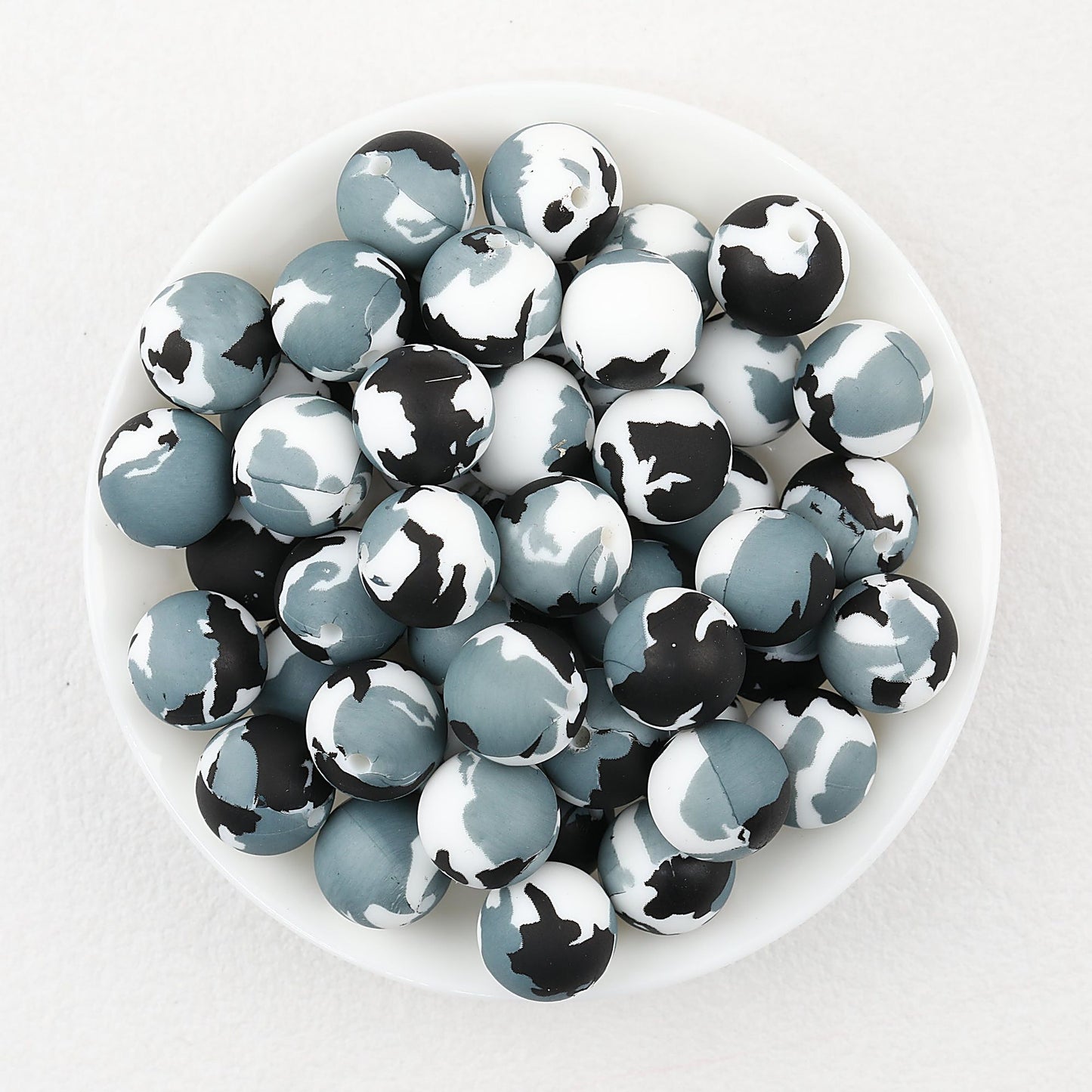 Colorful 15mm Printed Round Silicone Beads with Flower Patterns 50pcs - Gray Camo