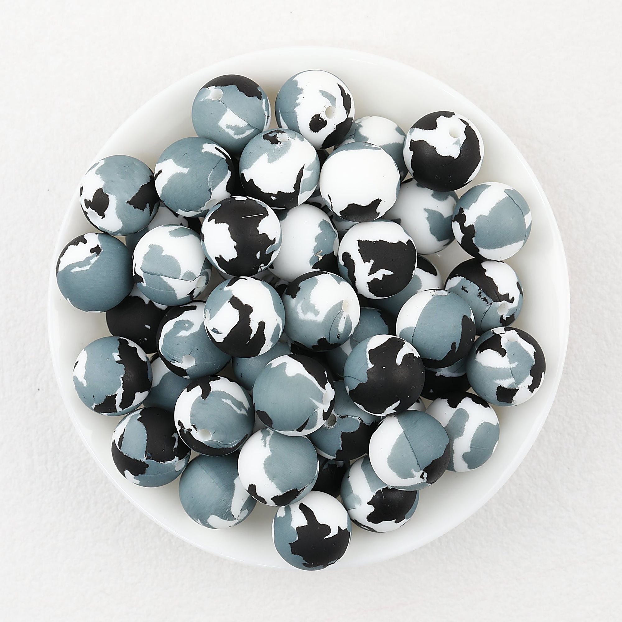 Colorful 15mm Printed Round Silicone Beads with Flower Patterns 50pcs - Gray Camo