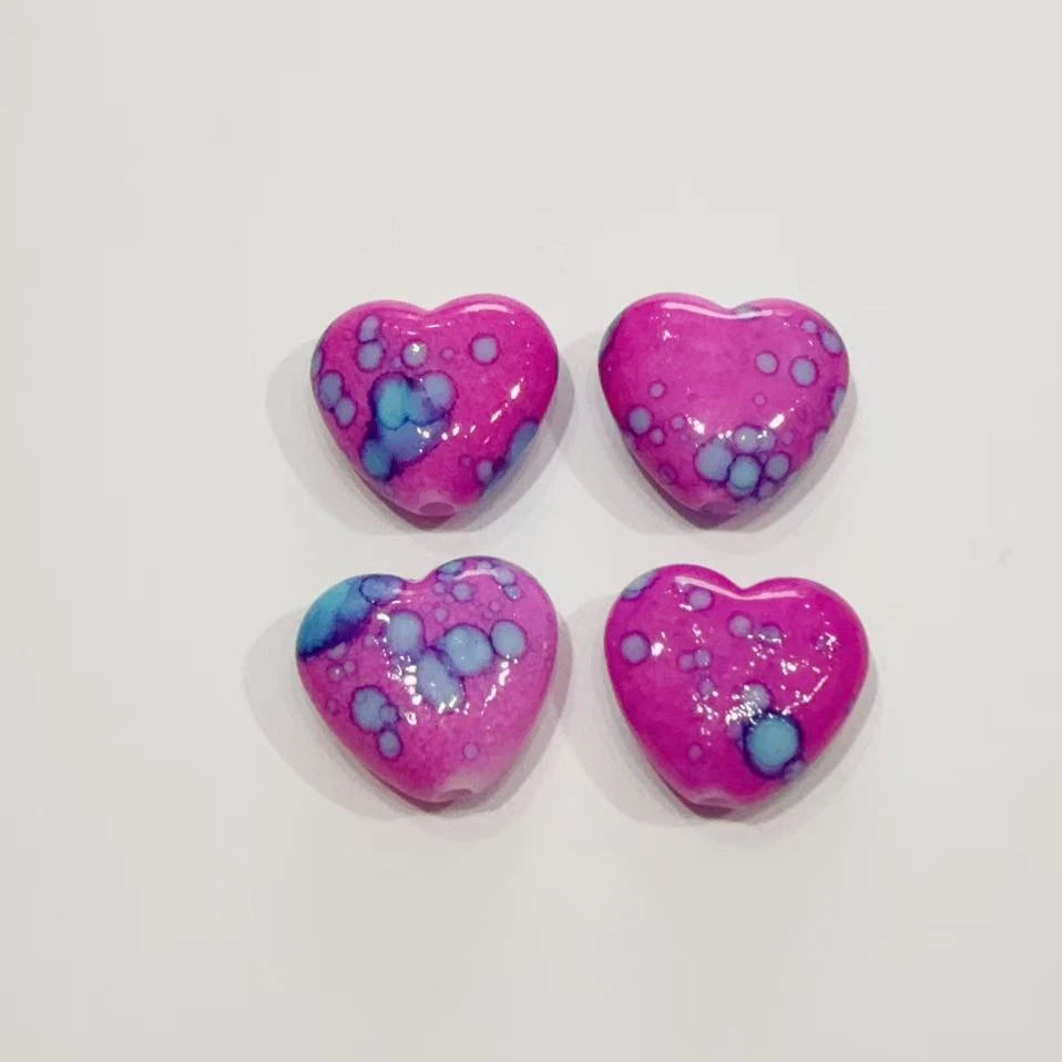 Blooming Ink Color Heart Acrylic Beads 15mm Colorful Mixed 100pcs 12