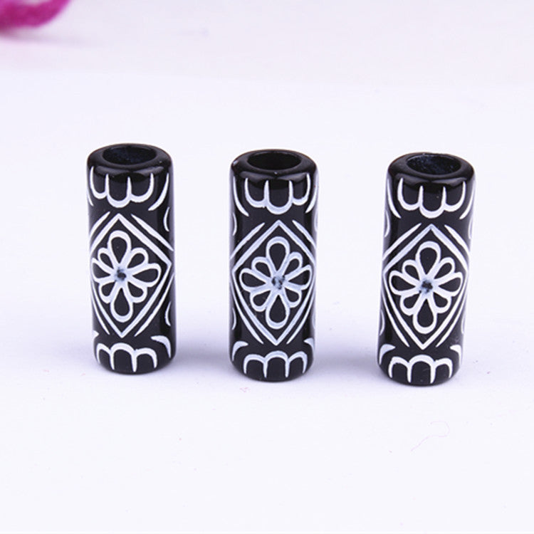 Vintage Patterned Tube Acrylic Beads 26mm Black White Floral 100pcs 2