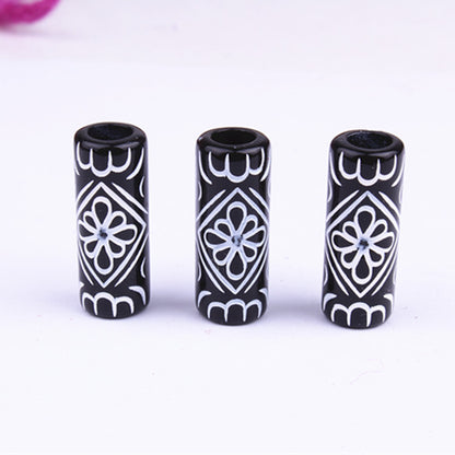 Vintage Patterned Tube Acrylic Beads 26mm Black White Floral 100pcs 2