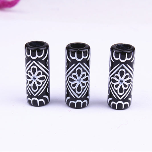 Vintage Patterned Tube Acrylic Beads 26mm Black White Floral 100pcs 2