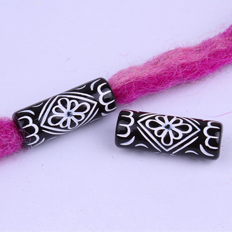 Vintage Patterned Tube Acrylic Beads 26mm Black White Floral 100pcs