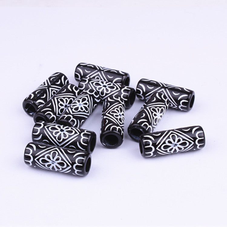 Vintage Patterned Tube Acrylic Beads 26mm Black White Floral 100pcs 5