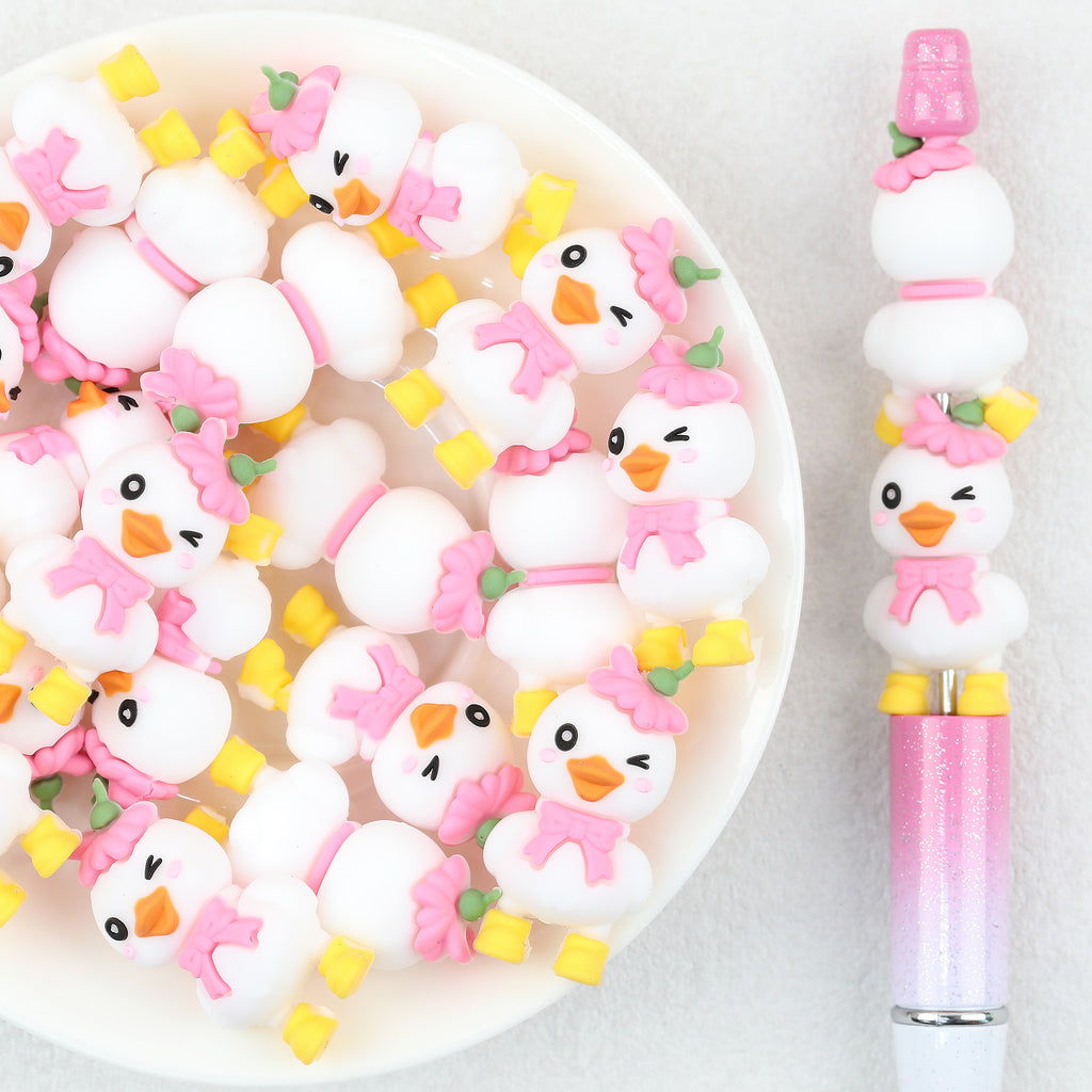  3D Pink Bow White Duck Silicone Focal Beads 20Pcs