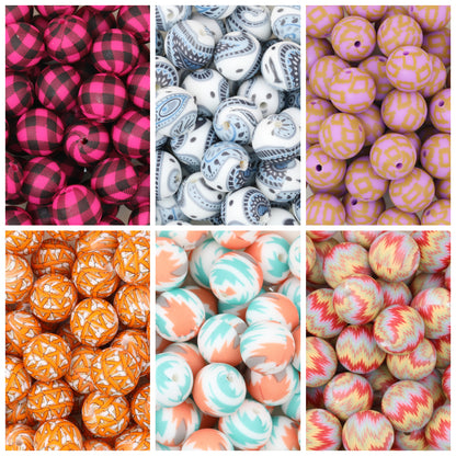 15mm Printed Pattern Round Silicone Beads 50pcs