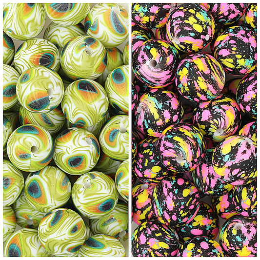 15mm Color Printed Round Silicone Beads 50pcs