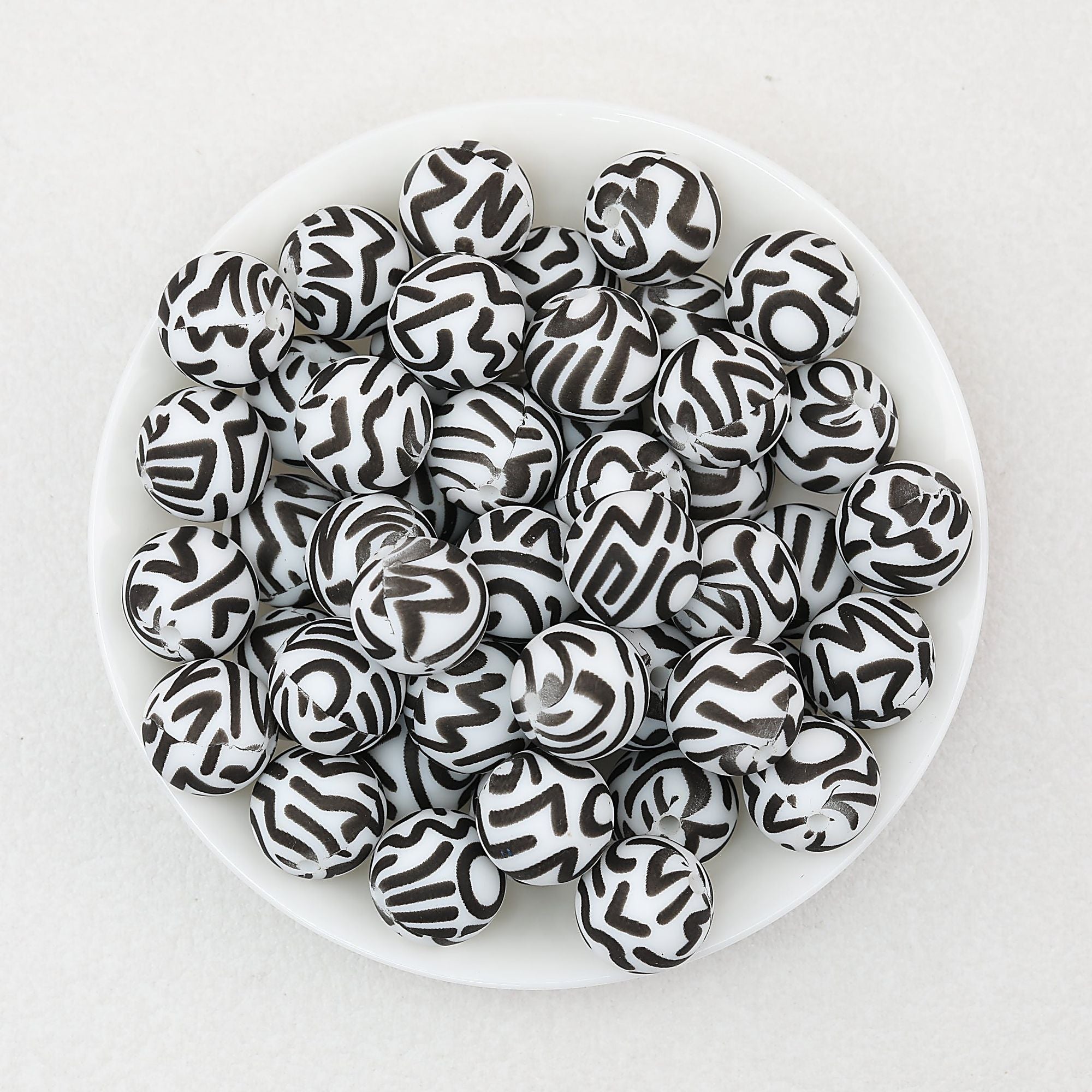 15mm Black and White Printed Round Silicone Beads 50pcs - Pattern 6