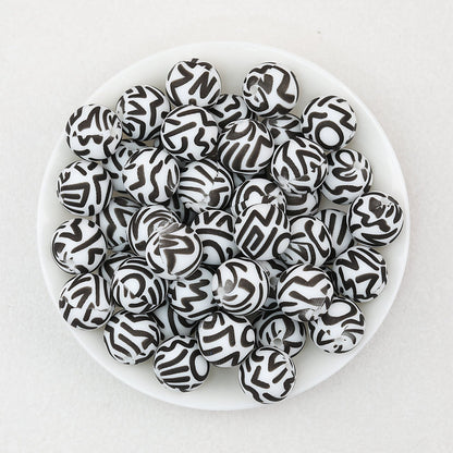 15mm Black and White Printed Round Silicone Beads 50pcs - Pattern 6