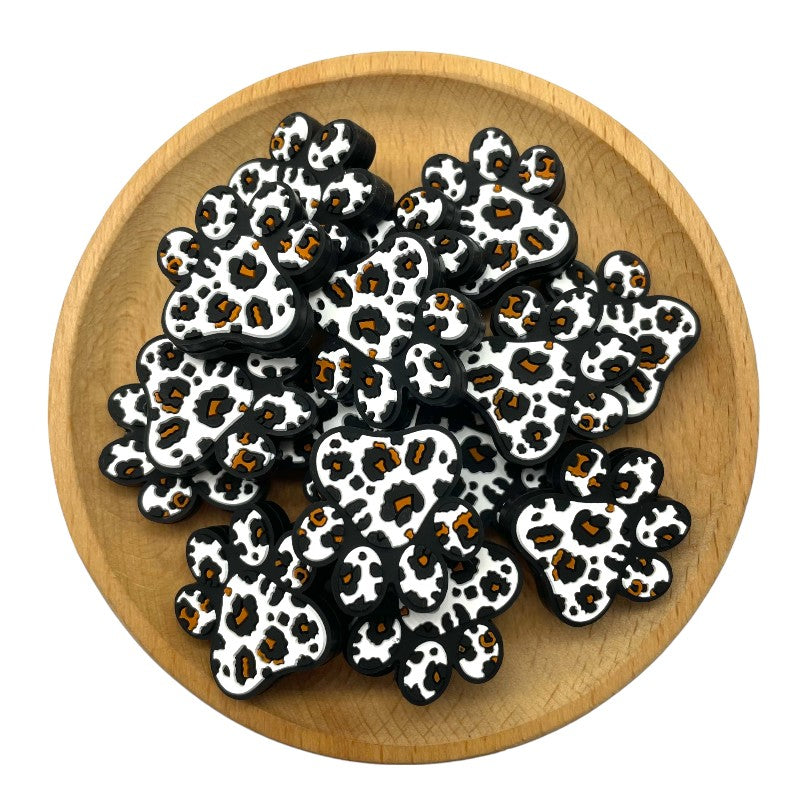 Silicone Focal Beads Dog Paw Leopard Pattern Black White Caramel 20pcs 2
