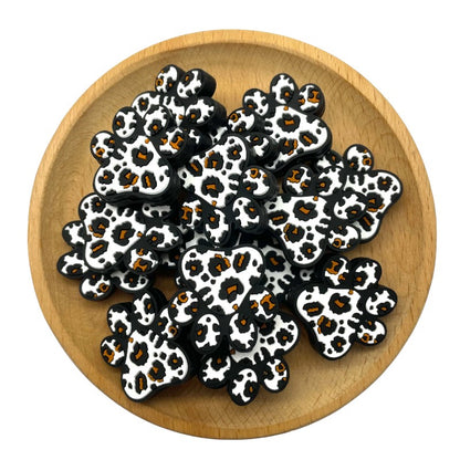 Silicone Focal Beads Dog Paw Leopard Pattern Black White Caramel 20pcs 2