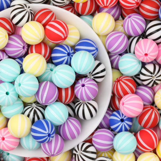 Striped 15mm Priented Round Silicone Beads Balloon Design 50pcs