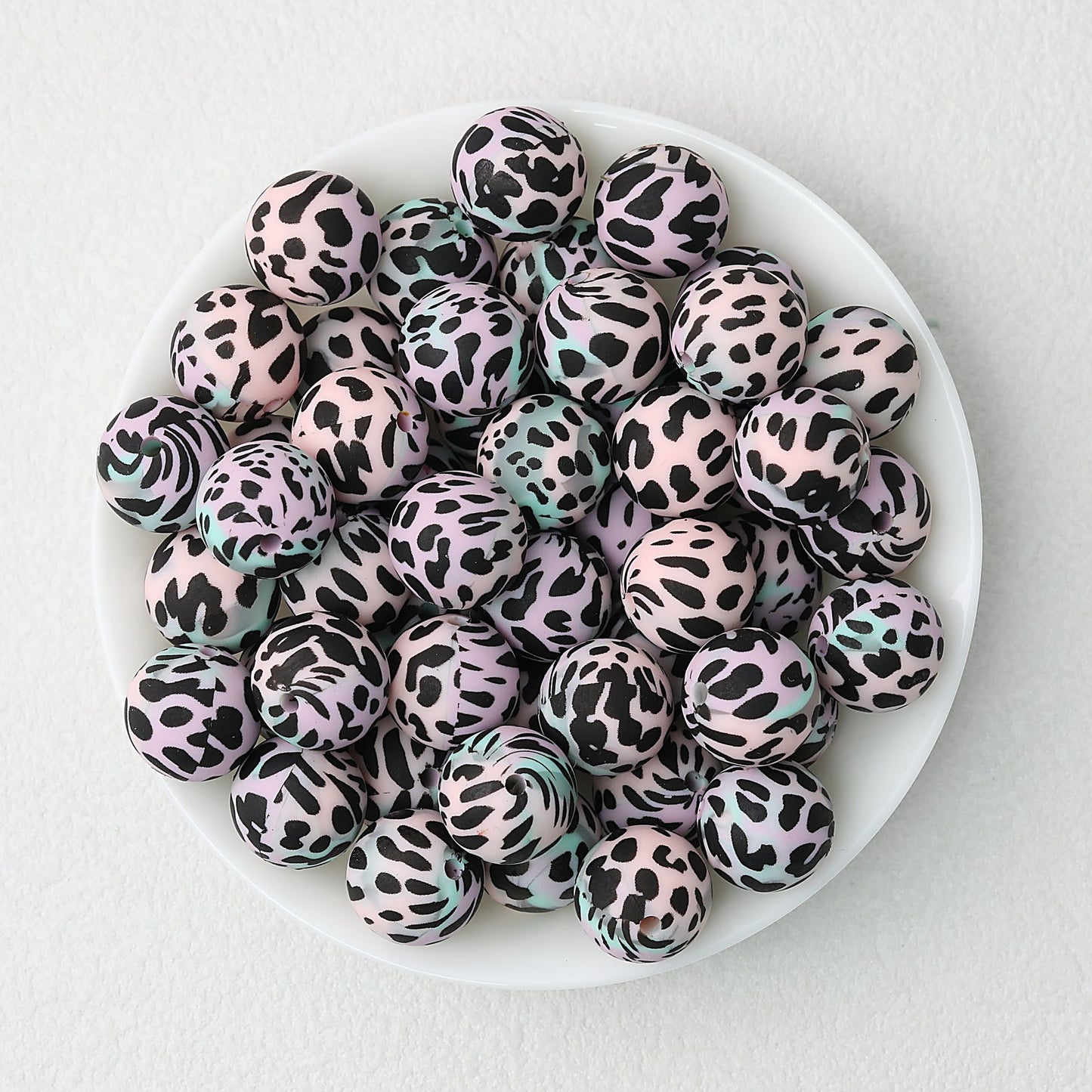 15mm Cow PPrinted Round Silicone Beads Colorful Spots 50pcs - Cow Pink Blue Glow