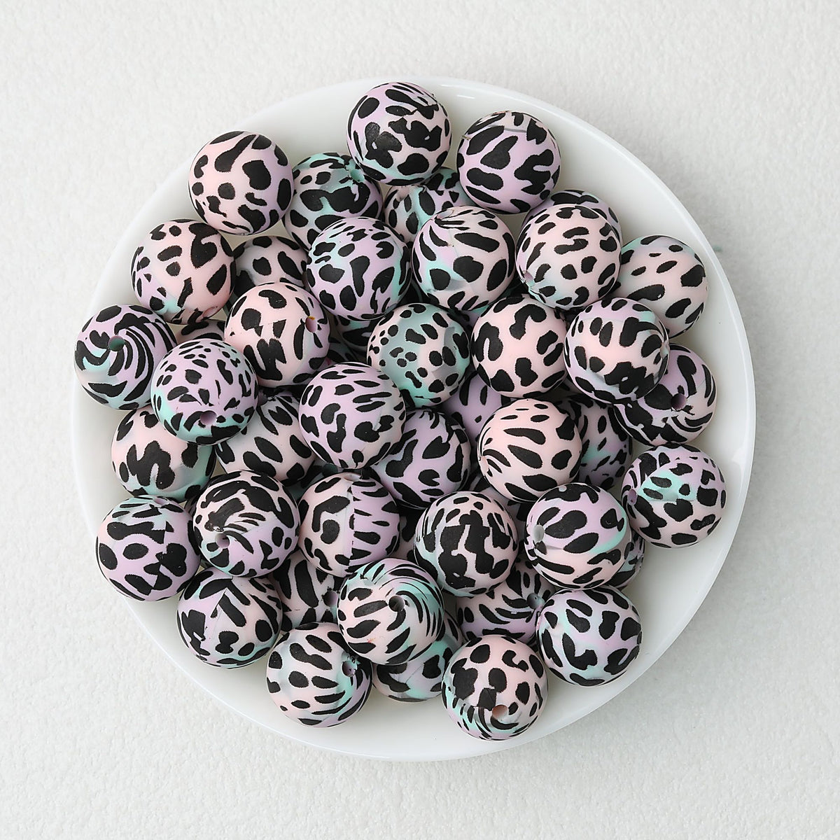 15mm Cow PPrinted Round Silicone Beads Colorful Spots 50pcs - Cow Pink Blue Glow