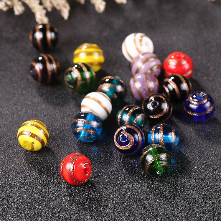 Vintage Gilded Striped Lampwork Glass Beads 8mm 10mm 12mm 1pc