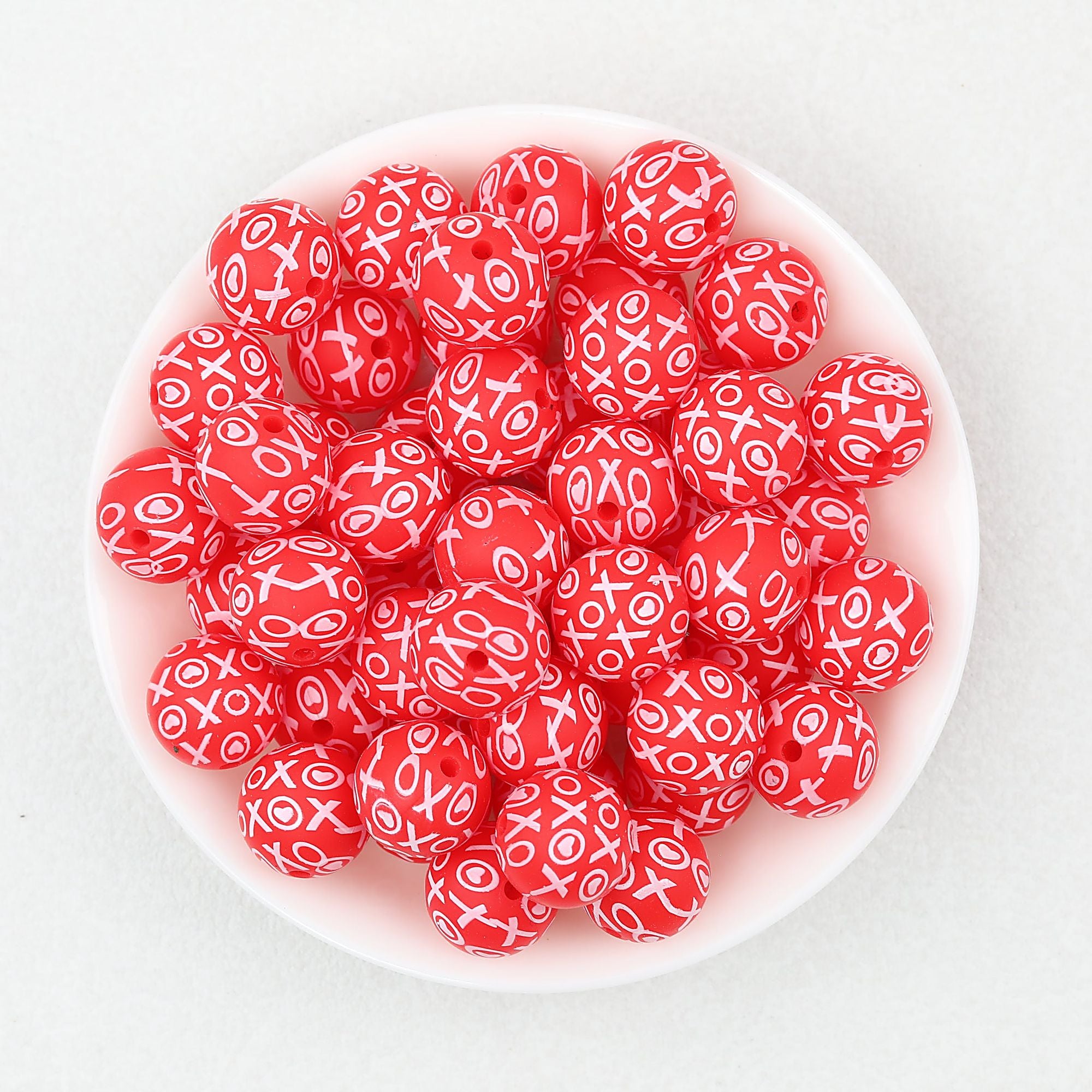 Valentine Theme 15mm Silicone Beads Printed Pattern 50pcs - Red XO