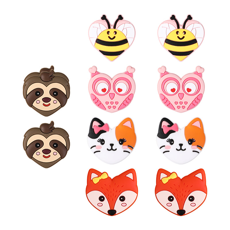 Silicone Focal Beads Valentine Day Heart Shaped Bee Owl Fox Sloth Kitten 20pcs 9