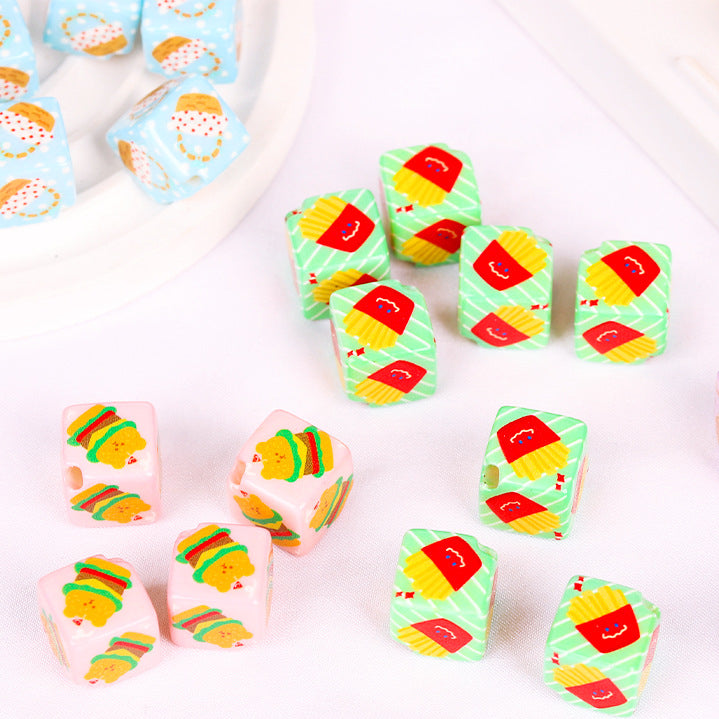 Burger Fries Printed Acrylic Square Beads 14mm Diagonal Hole 10pcs 2