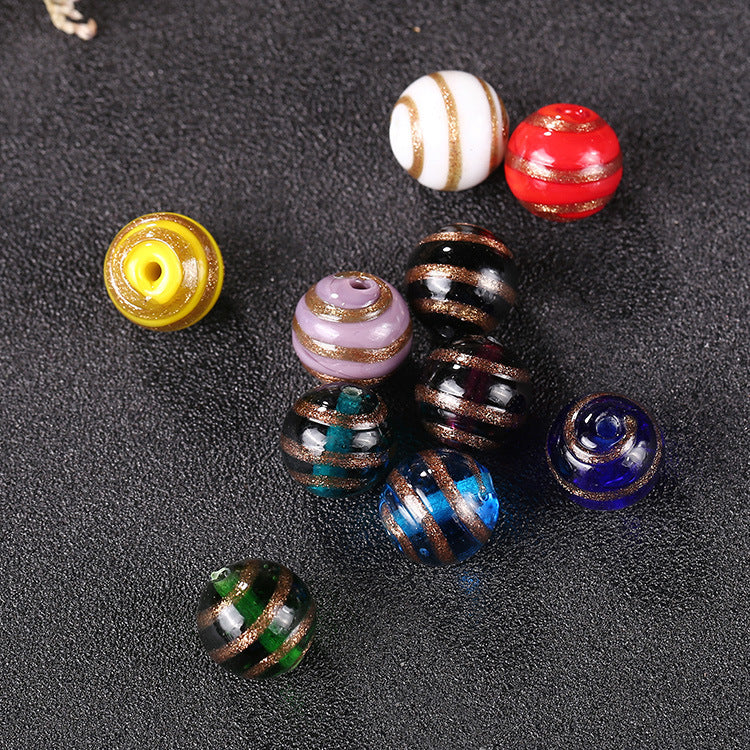 Vintage Gilded Striped Lampwork Glass Beads 8mm 10mm 12mm 1pc 4